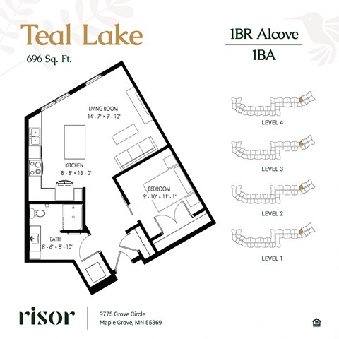 Floor plan for 1 bed, 1 bath, 696 sqft